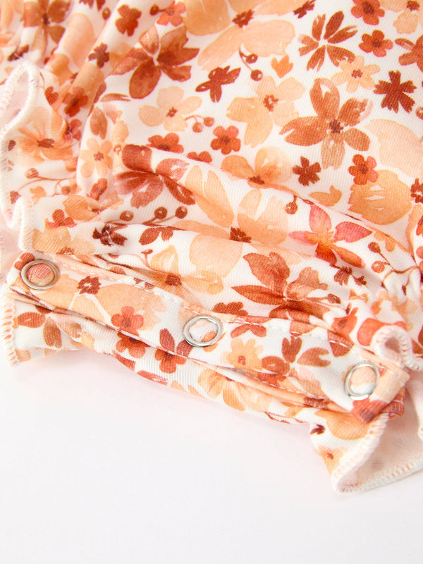 Fall Rust Floral Baby Romper Smocked Petal Collar
