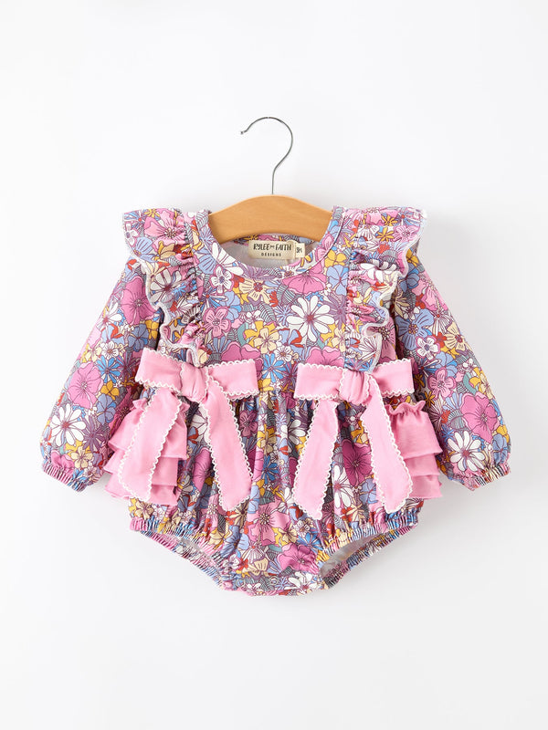 Fall Vintage Floral Print Girls Long Sleeve Romper