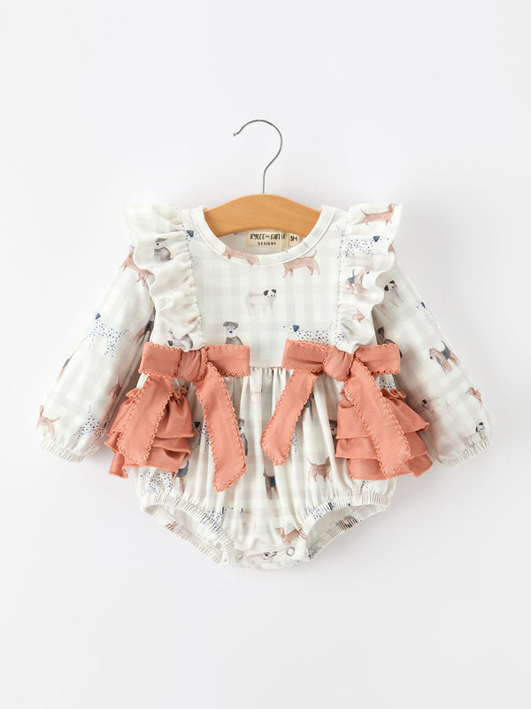 Fall Plaid Dog Print Girls Long Sleeve Romper