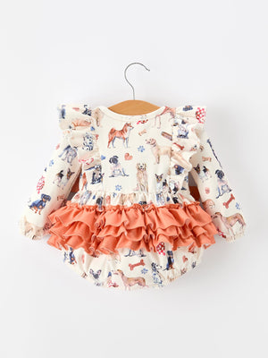 Fall Dog Print Girls Long Sleeve Ruffle Bow Romper