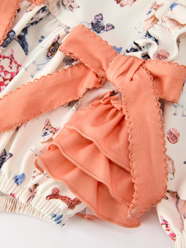 Fall Dog Print Girls Long Sleeve Ruffle Bow Romper