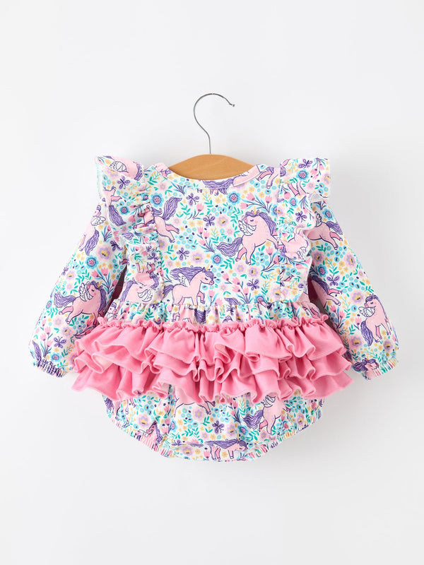 Unicorn Floral Print Girls Long Sleeve Romper