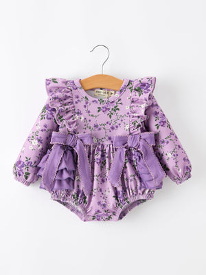 Fall Lavender Floral Print Girls Long Sleeve Romper