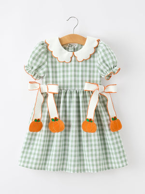 Fall Plaid Girls Dress Pumpkin Bow Smocked Peter Pan Collar