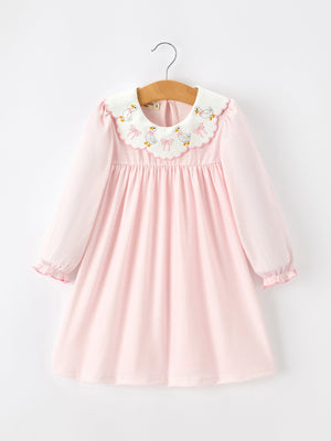 Pink Goose Embroidered Baby Girl Dress Peter Pan Collar Bow Dress