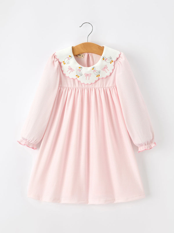 Pink Goose Embroidered Baby Girl Dress Peter Pan Collar Bow Dress