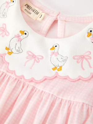 Pink Goose Embroidered Baby Girl Dress Peter Pan Collar Bow Dress