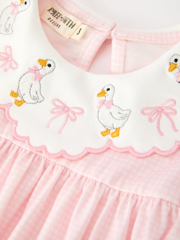 Pink Goose Embroidered Baby Girl Dress Peter Pan Collar Bow Dress