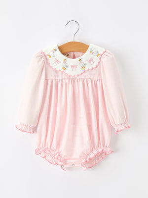 Pink Goose Embroidered Baby Girl Romper Ruffle Collar