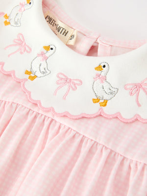 Pink Goose Embroidered Baby Girl Romper Ruffle Collar