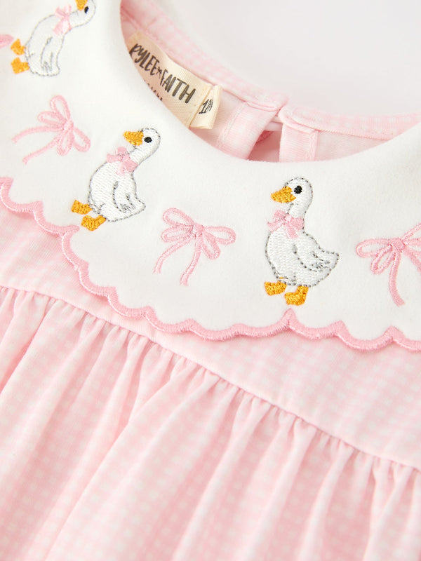 Pink Goose Embroidered Baby Girl Romper Ruffle Collar