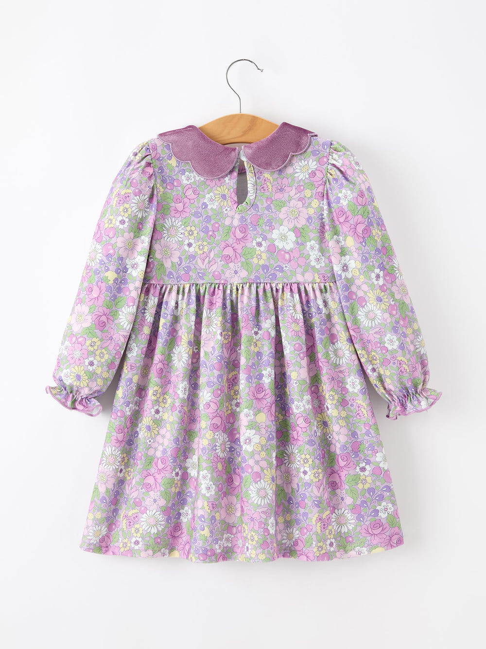Purple Floral Girls Dress Velvet Collar Bow Long Sleeve Dress
