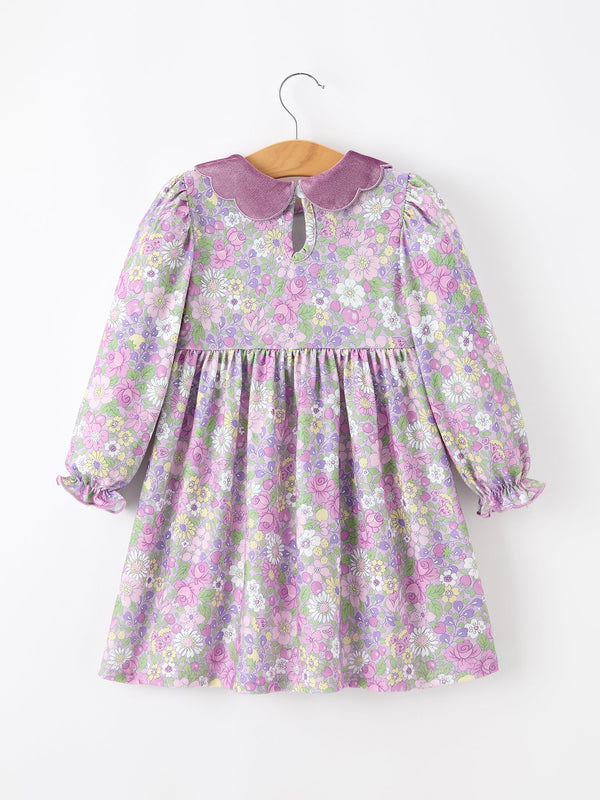 Purple Floral Girls Dress Velvet Collar Bow Long Sleeve Dress