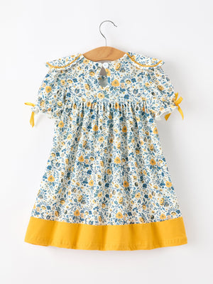 Floral Girls Dress Peter Pan Collar Yellow Trim Puff Sleeve Dress