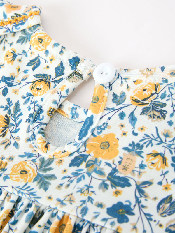 Floral Girls Dress Peter Pan Collar Yellow Trim Puff Sleeve Dress
