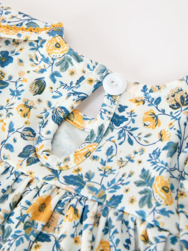Floral Girls Outfit Set Yellow Puff Sleeve Top Bloomers Set