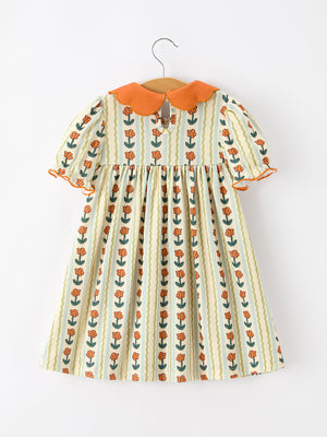 Fall Floral Stripe Girls Dress Petals Collar Smocked Puff Sleeve