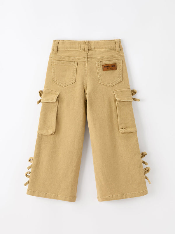 Girls Solid Cargo Leggings Side Bow Pocket Wide Leg Pants