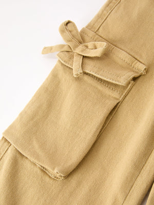 Girls Solid Cargo Leggings Side Bow Pocket Wide Leg Pants