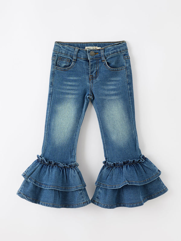 Girls Denim Leggings Ruffle Bell Bottom Pants