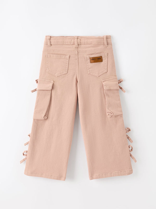 Girls Solid Cargo Leggings Side Bow Pocket Wide Leg Pants