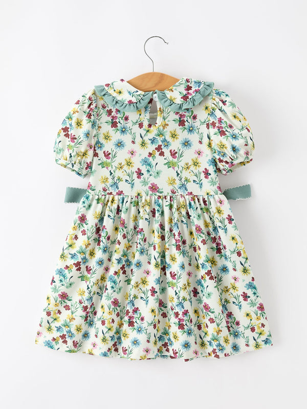 Green Floral Girls Dress Petal Collar Bow Waist Puff Sleeve Dress