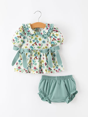 Green Floral Girls Outfit Set Ruffle Collar Bow Baby Bloomer Set