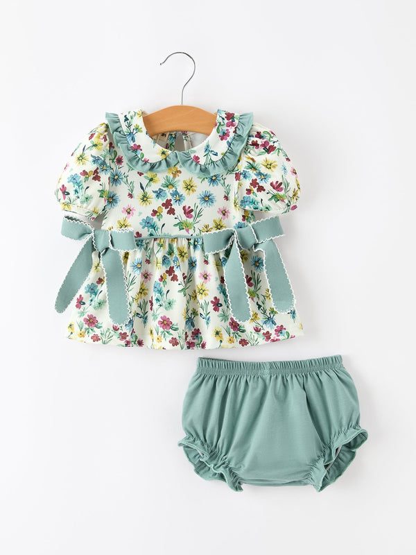 Green Floral Girls Outfit Set Ruffle Collar Bow Baby Bloomer Set