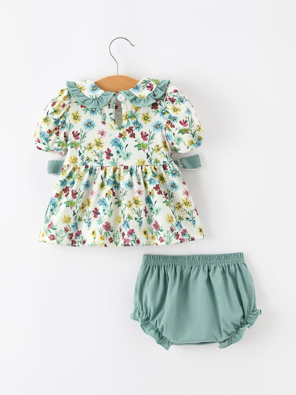 Green Floral Girls Outfit Set Ruffle Collar Bow Baby Bloomer Set