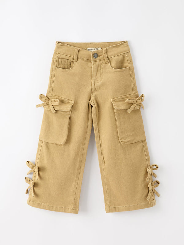 Girls Solid Cargo Leggings Side Bow Pocket Wide Leg Pants