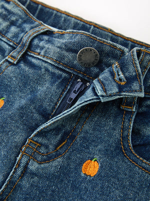 Girls Pumpkin Embroidered Flare Jeans Fall Denim Pants with Fringe Hem