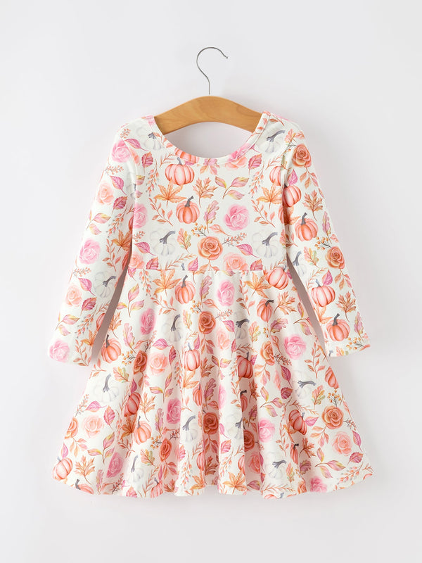 Thanksgiving Pumpkin Floral Girls Twirl Dress