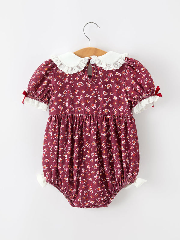 Burgundy Floral Smocked Baby Girl Bubble Romper Peter Pan Collar