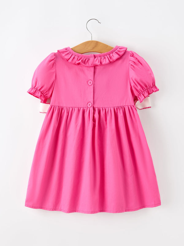 Fall Girl Hot Pink Ruffle Smocked Embroidery Dress