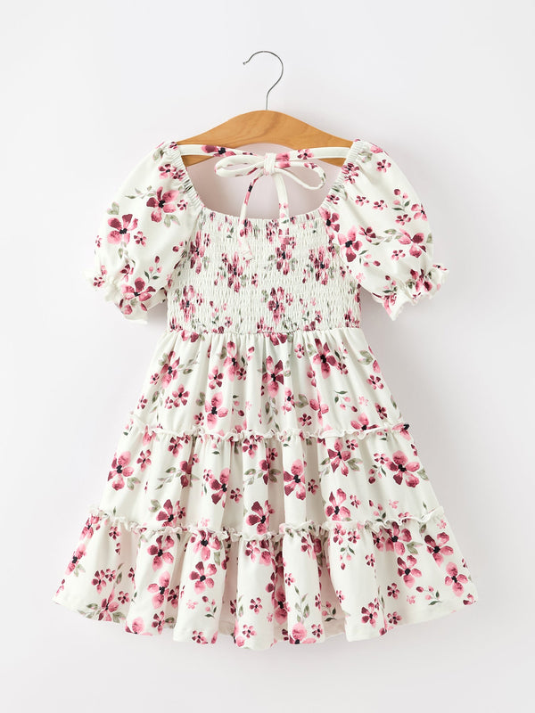 Floral Ruffle Girls Dress Puff Sleeve Party Dress