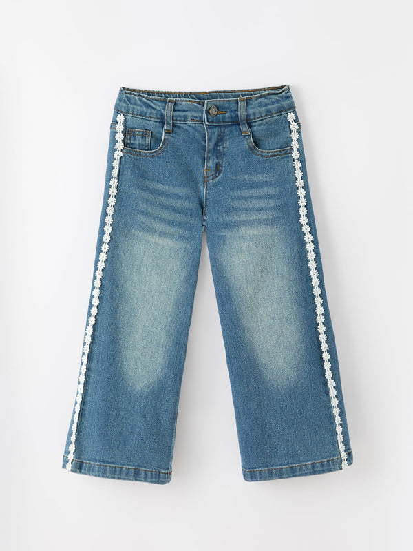 Girls Denim Daisy Lace Trim Wide Leg Jeans