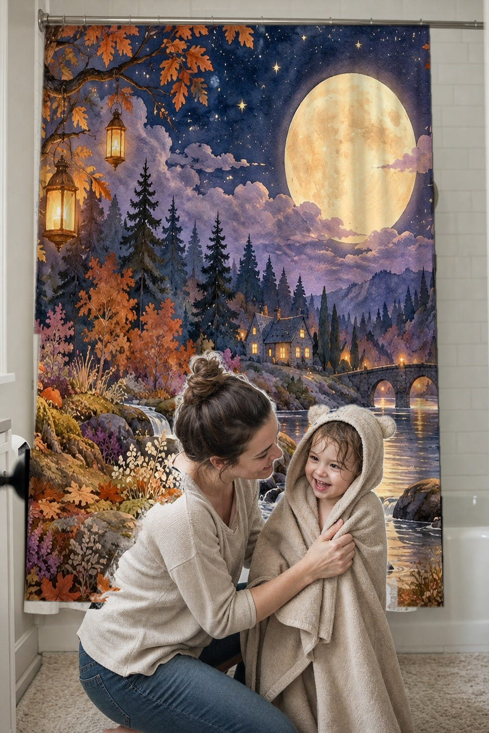 Woodland Night Halloween shower curtain, full front view of the 71 x 74 in fabric curtain
