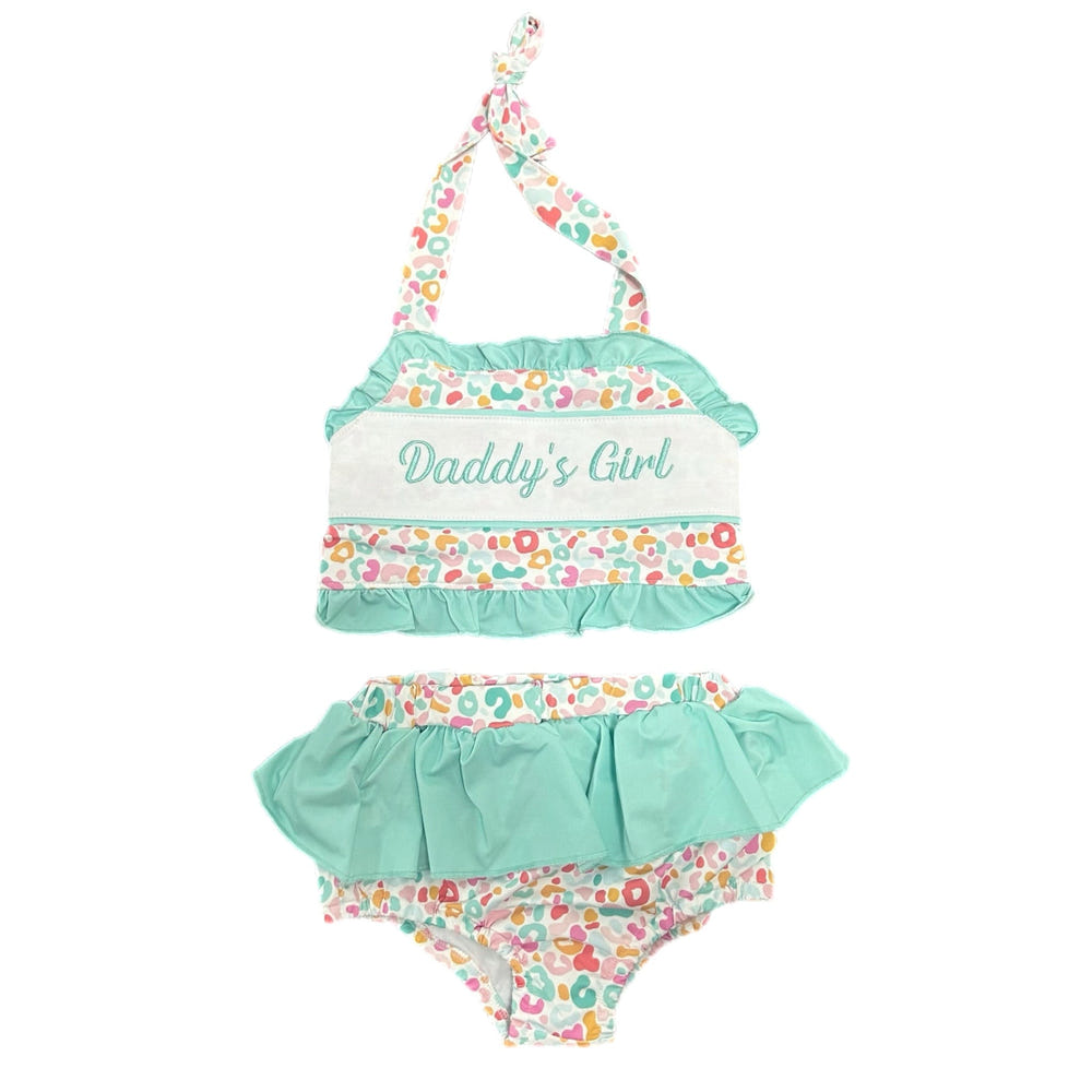 Daddy's girl summer leopard two-piece swimsuit for babies, perfect for sunny days at the beach or pool.