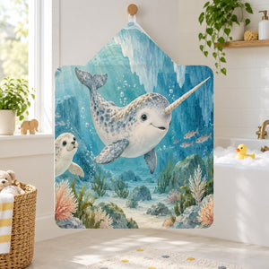 Baby Narwhal Ocean kids hooded bath towel hanging in a kids bathroom