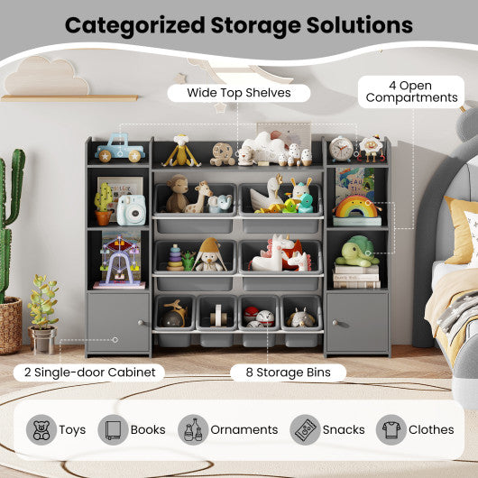 56 inch Large Toy Storage Organizer with 8 Removable Bins and Bookshelf-Gray