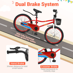 20 Inch Kids Bike Adjustable with Kickstand and Storage Basket for Aged 8+ Years
