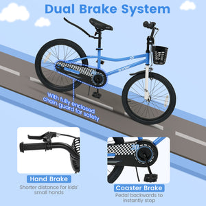 20 Inch Kids Bike Adjustable with Kickstand and Storage Basket for Aged 8+ Years