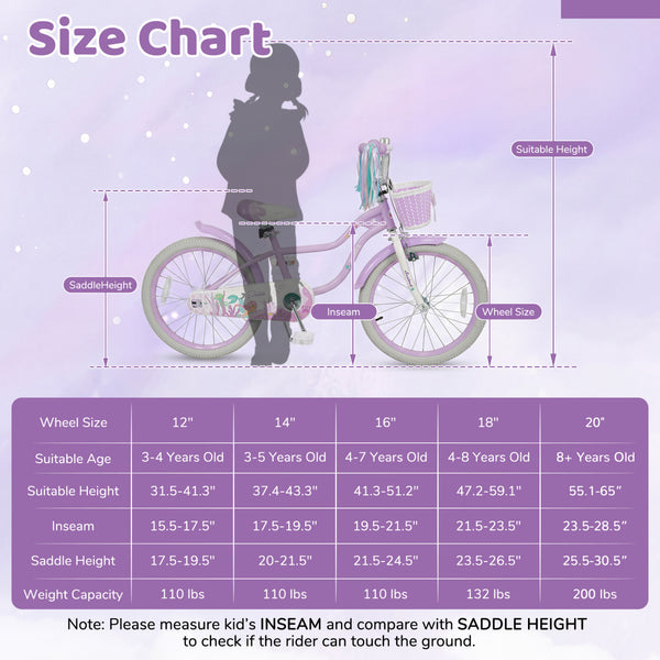 18-Inch Kids Bike Adjustable with Basket and Streamers Purple - Princess of the Sea Theme