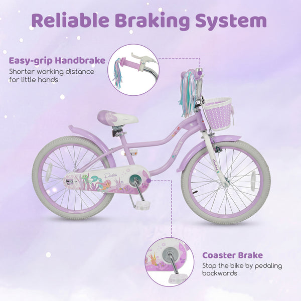 18-Inch Kids Bike Adjustable with Basket and Streamers Purple - Princess of the Sea Theme