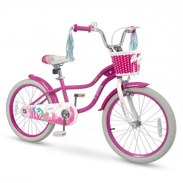 18-Inch Kids Bike Adjustable with Basket and Streamers Rose Red - Princess of the Sea Theme