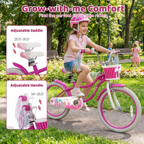 18-Inch Kids Bike Adjustable with Basket and Streamers Rose Red - Princess of the Sea Theme