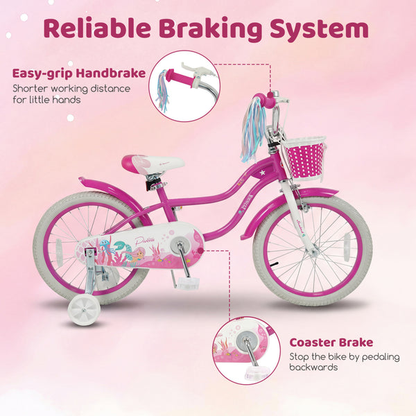 18-Inch Kids Bike Adjustable with Basket and Streamers Rose Red - Princess of the Sea Theme