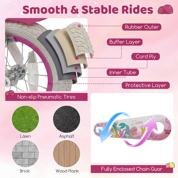 18-Inch Kids Bike Adjustable with Basket and Streamers Rose Red - Princess of the Sea Theme