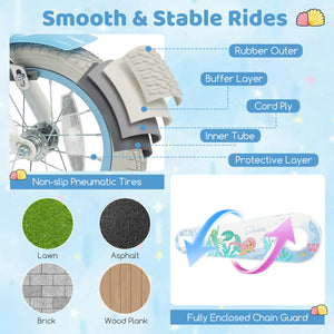 14 Inch Kids Bike Adjustable with Basket and Streamers Blue for Kids Aged 3-5 Years Old - Princess of the Sea Theme