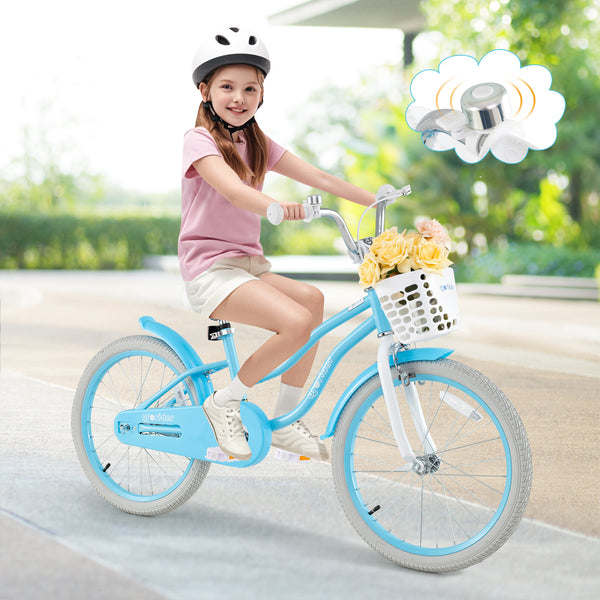 14/16/18 Inch Kids Bike with dual brakes and adjustable seat, angled view showcasing vibrant design and safety features.